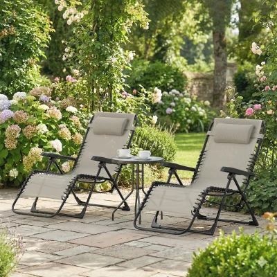 Outsunny Lot 2 Chaises Longues Pliantes Textilène Beige