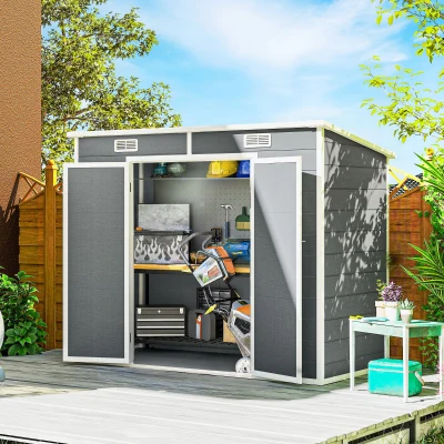 Outsunny 2,4 x 1,3 m Gartenschuppen, Kunststoff-Gartenhaus mit Boden, Fenster, verschließbare Türen, für Garten, Terrasse, Grau