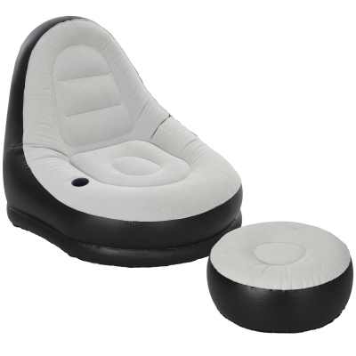 Outsunny Canapé gonflable et repose-pieds, tissu aspect peluche doux et porte-gobelet, gris