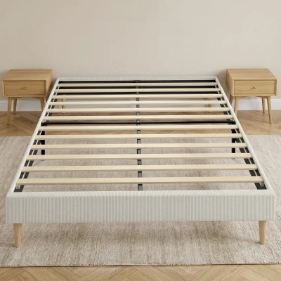 HOMCOM Bettgestell 140 x 190 cm mit Lattenrost, Gepolstertes Doppelbett aus Kordvelours, Stauraum darunter, Crème