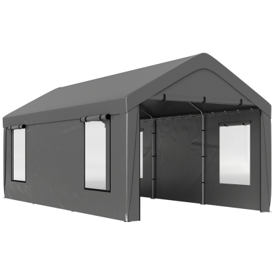 Outsunny Carport tente de garage 3 x 6 m avec parois latérales amovibles, 2 portes enroulables et 4 fenêtres, gris foncé