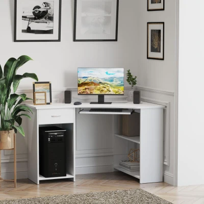 HOMCOM L-Shaped Computer Desk White with Shelves & Drawer