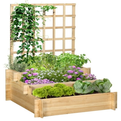 Outsunny 3-Tier Wooden Planters with Trellis 95x95cm Natural