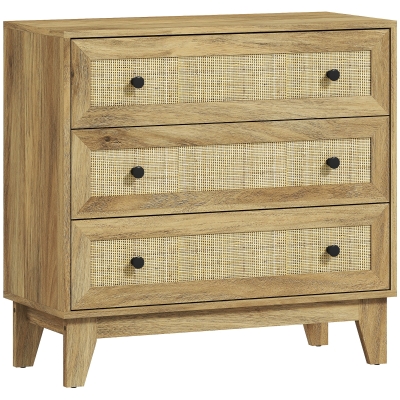 HOMCOM Cómoda con 3 Cajones Cajonera de Madera con Frontales de Ratán Estilo Cannage para Dormitorio 80x35x76 cm Natural