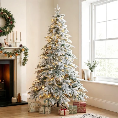 HOMCOM Verschneiter Weihnachtsbaum 210cm mit 450 warmweißen LEDs, Timer, Fernbedienung, 8 Modi, 1080 feuerhemmende Zweige