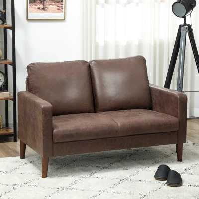HOMCOM Canapé 2 Places Tissu Effet Cuir Pieds Bois Marron