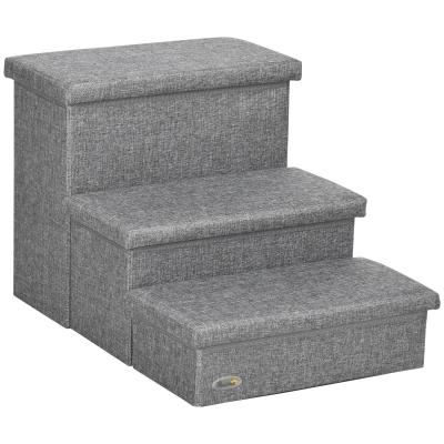 PawHut Escalera para Mascotas de 3 Peldaños Escalones para Perros Gatos con Espacio de Almacenamiento 63,5x42,5x40,5 cm Gris