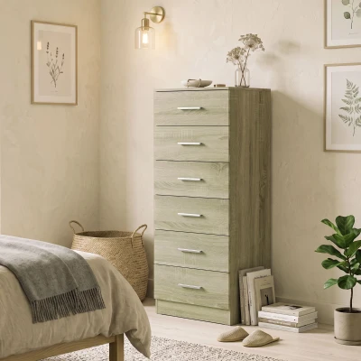HOMCOM Kommode 6 Schubladen, Aufbewahrungsmöbel, Modernes Design, für Schlafzimmer, Diele, Flur, 40x40x110cm, Eiche