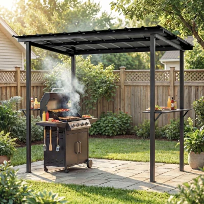 Outsunny Pavillon Barbecue 2,71x1,82m Toit UV50+ Étagères Noir