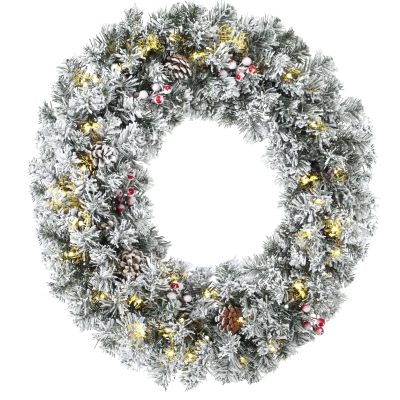 HOMCOM Schneebesetzte Weihnachtsgirlande 60 cm mit LED-Lichtern, Tartan-Schleife, Zweige, Zapfen, Beeren, Grün