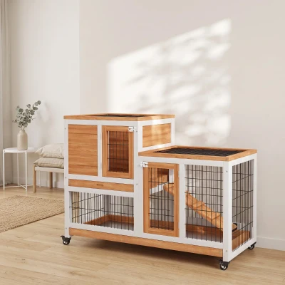 PawHut Clapier Bois Roulettes Plateau Extractible 110x50x88cm