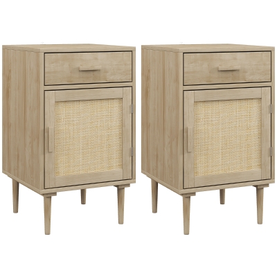 Lot de 2 tables de chevet avec placard et étagère porte rotin tissé 1 tiroir design bohème - 40 x 40 x 68,5 cm naturel
