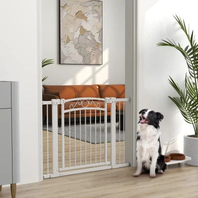 PawHut Puerta para Perros con Ancho Ajustable 76-104 cm con 2 Extensiones Doble Bloqueo Blanco