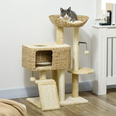PawHut Cat Tree Tower with Scratching Post Beige 95cm