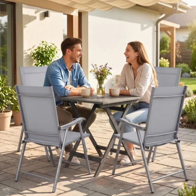 Outsunny Conjunto de 4 Sillas de Jardín Exterior Plegables con Respaldo Alto y Reposabrazos para Terraza Playa 58x62x97 cm Gris