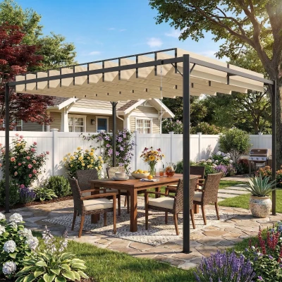 Outsunny Pérgola de Jardín 3x4 m con Protección UPF 50+ Gazebo con Techo Ajustable Estructura de Metal para Exterior Crema