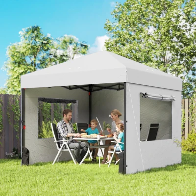 Outsunny Carpa Plegable Pop-up 3x3 m con 3 Paredes 2 Ventanas Altura Ajustable UPF50+ Bolsa Transporte y Sacos de Arena Blanco