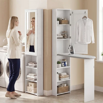 HOMCOM Mueble de Plancha con Espejo Tabla de Planchar Plegable 6 Compartimentos 2 Ganchos 107x35x174 cm Blanco