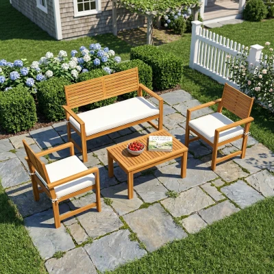 Outsunny 4-Seater Acacia Wood Garden Sofa Set Cream White