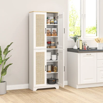 HOMCOM Alacena de Cocina con Estantes Ajustables Puertas de Ratán y Sistema Anti-vuelco 60x30x170 cm Blanco