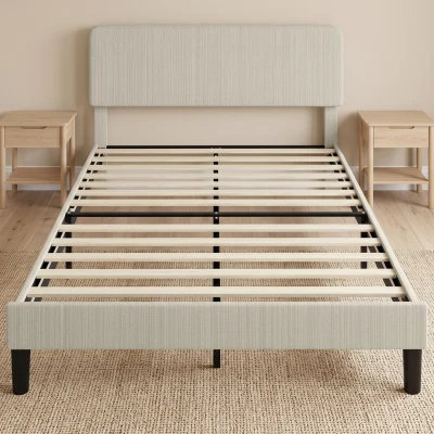 HOMCOM Cadru de pat 140 x 190 cm cu somier, tăblie reglabilă, pat dublu capitonat în velur côtelat, fără zgomot, gri deschis