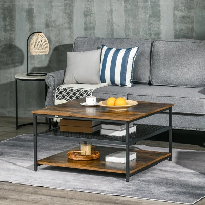 HOMCOM Coffee Table Rustic Brown 3-Tier Storage Shelves