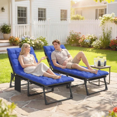 Outsunny Set de 2 Tumbonas Plegables con Reposacabezas Cojines Bolsillo Lateral y Respaldo Reclinable 5 Posiciones Azul