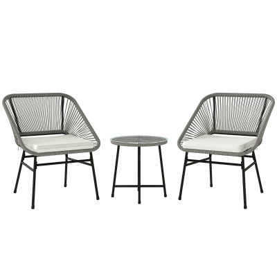 Outsunny 3-teiliges Outdoor-Möbelset, 1 Tisch, 2 Stühle, Rattan-Geflecht, Stahlrahmen, Kaffeetisch mit Glasplatte, Dunkelgrau