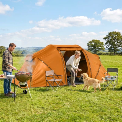 Outsunny Tunnelzelt für 4 Personen, Campingzelt mit Tür, Bodenplane, 2000mm wasserdicht Orange