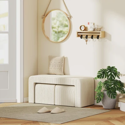 HOMCOM Juego de 3 Bancos Zapateros Grande y 2 Pequeños Modernos de Pana Diseño Compacto Mesa Auxiliar 104x44x48 cm Crema