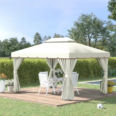 Outsunny Cenador de Jardín 4x3m Pabellón de Jardín Gazebo con Doble Techo Estructura de Aluminio UPF50+ para Exterior Crema