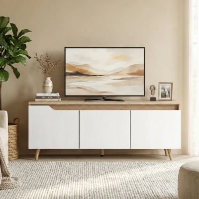 HOMCOM Mesa de TV para Salón con 3 Puertas para Televisión de 55 Pulgadas Estilo Moderno 120x35x45,5 cm Roble y Blanco