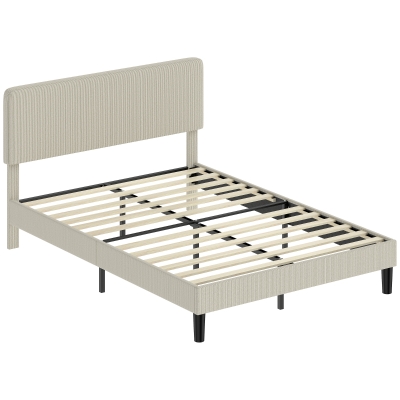 HOMCOM Cadru de pat 140 x 190 cm cu somier, tăblie reglabilă, pat dublu capitonat în velur côtelat, fără zgomot, gri deschis