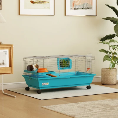 PawHut Jaula para Animales Pequeños con Ruedas Botella Comedero Dispensador de Heno para Conejos y Cobayas 89x44x43 cm Azul