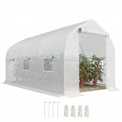 Outsunny Serre tunnel de jardin 8m², serre de jardin tunnel avec 1 portes et 6 fenêtres, bâche PE 140g/m² 400x200x200cm blanc
