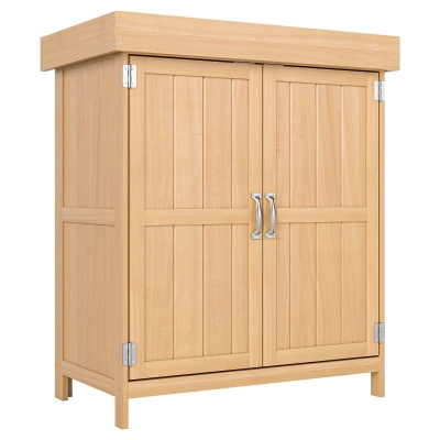 Outsunny Gartenschrank Tannenholz, Geräteschuppen wetterfest 74x43x88cm, Gerätehaus mit Doppeltür, 2 Fächern, Geräteschrank, Gartenhaus Werkzeugschrank Gartenschuppen für Garten, Terrasse, Natur