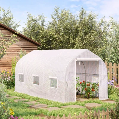 Outsunny Serre tunnel de jardin 8m², serre de jardin tunnel avec 1 portes et 6 fenêtres, bâche PE 140g/m² 400x200x200cm blanc