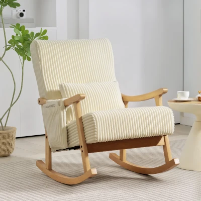 HOMCOM Silla Mecedora de Pana con Cojín Lumbar Patas y Reposabrazos de Madera de Caucho Bolsillo Estilo Moderno Beige