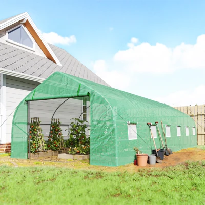 Outsunny Serre Tunnel 8x3m Bâche PE Vert 12 Fenêtres