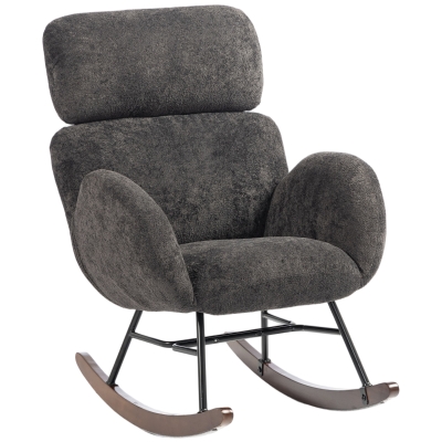 HOMCOM Rocking Chair Velvet Adjustable Headrest Rubberwood Dark Grey
