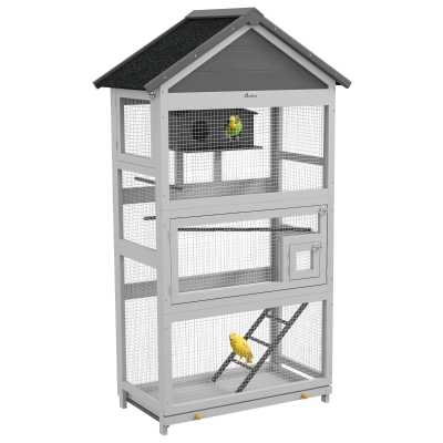 PawHut Cage Perroquet Bois 92x52x171cm Toit Imperméable Gris