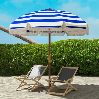 Outsunny Sombrilla de Playa con Flecos Ø190x210 cm con Protección UV40+ Antiviento Impermeable Bolsa de Transporte Azul y Blanco