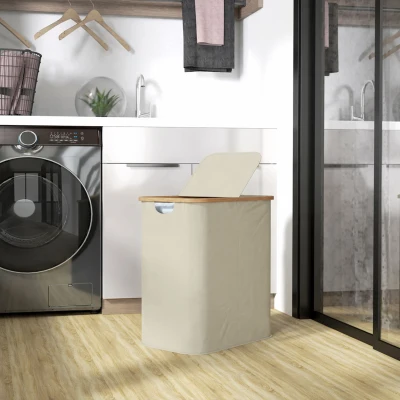 HOMCOM Panier à Linge Double 80L Pliable Beige avec Couvercle