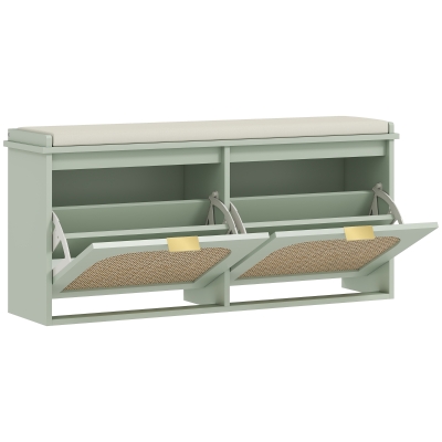 HOMCOM Boho Shoe Bench 2 Flip-Drawers Padded Seat Green