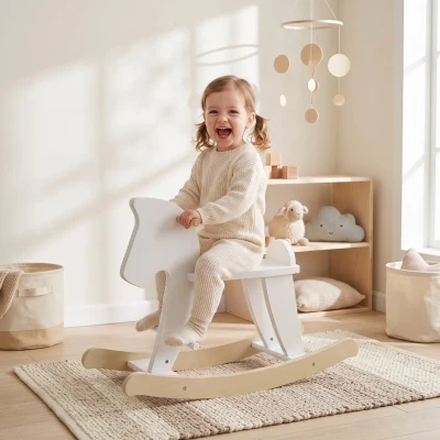 HOMCOM Cheval à Bascule Bois MDF Blanc Naturel