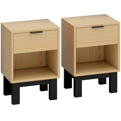 HOMCOM Juego de 2 Mesitas de Noche Estrechas Mesillas de Noche Modernas con Cajón Estante Abierto 35x26x50 cm Roble