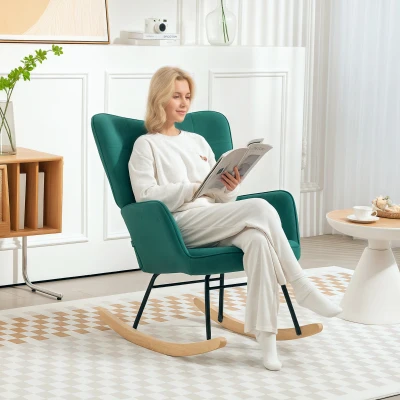HOMCOM Rocking Chair Velours Vert Structure Acier 71x98x101cm