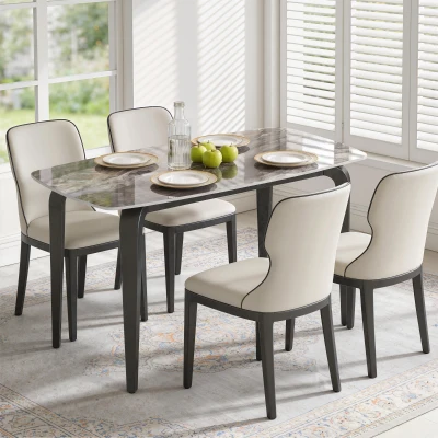 HOMCOM Dining Table Sintered Stone Top Metal Legs Brown