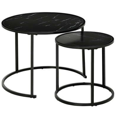 HOMCOM Lot 2 Tables Basses Rondes Bois Marbre Métal Noir