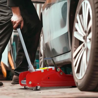 HOMCOM Gato Hidráulico para Coche 2,5T Altura de Elevación 80-380 mm con Perfil Bajo Ruedas para Automóvil SUV Rojo